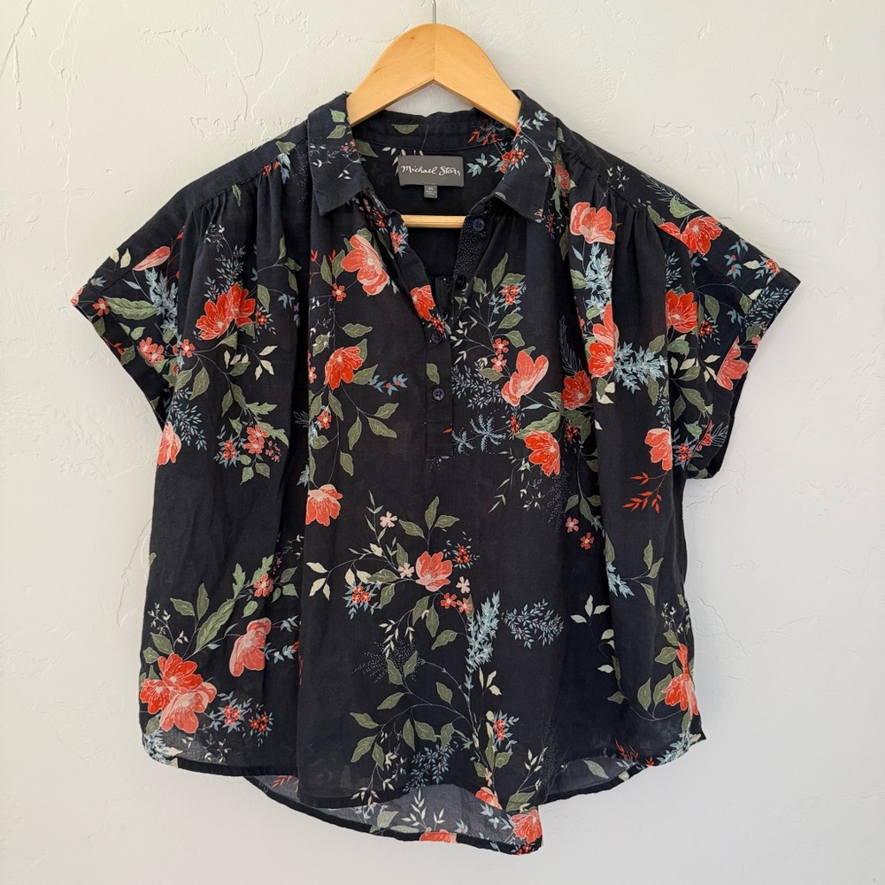 Michael Stars Dark Navy Floral 100% Cotton Blouse, Business Casual Work Top, XS